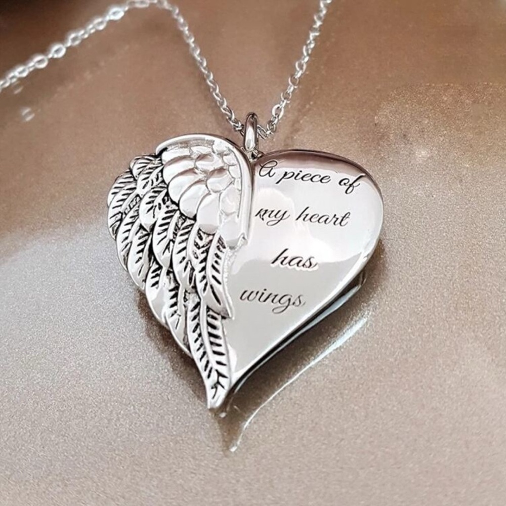 Silver Tone Angel Wing “A Piece of My Heart Has Wings” Necklace - Picture 2 of 3